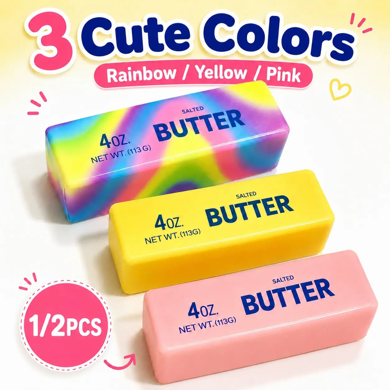 Butter Squishy – Kies je kleur | Geel / Rainbow / Roze