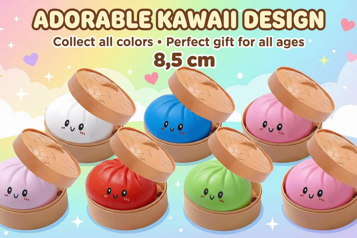Dumpling Squishy Bun – 8,5 cm | Squishy in Bakje Stoompannetje