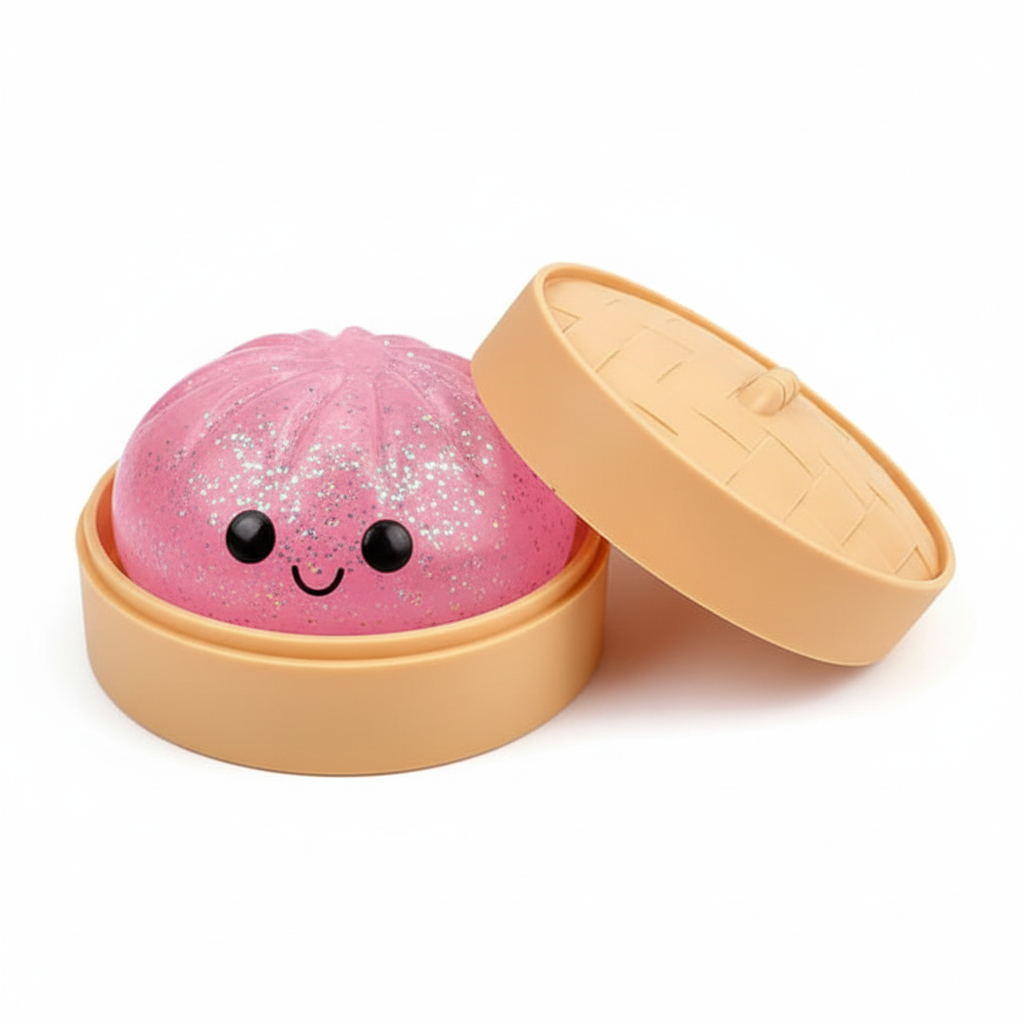Roze glitter dumpling squishy in bamboebakje
