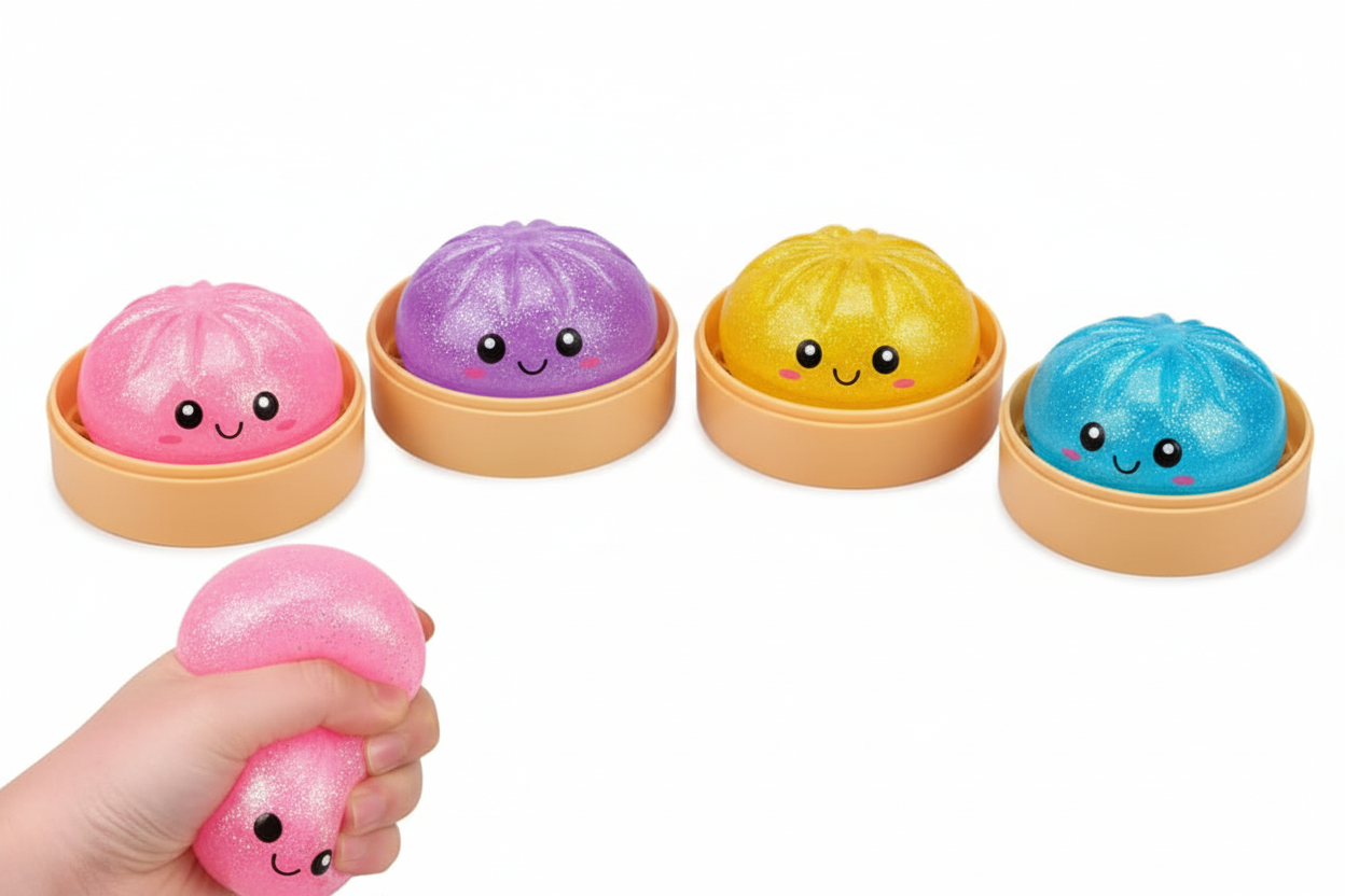 Alle glitter dumpling squishies in bamboebakje