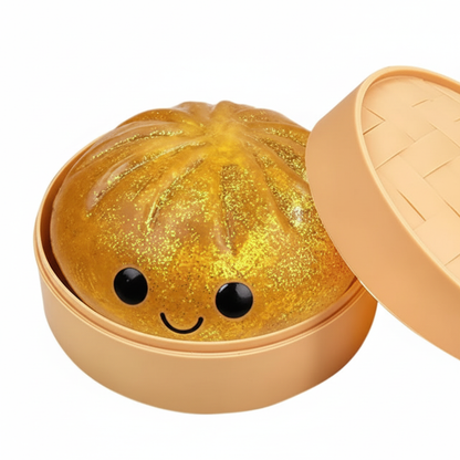 Gele glitter dumpling squishy in bamboebakje