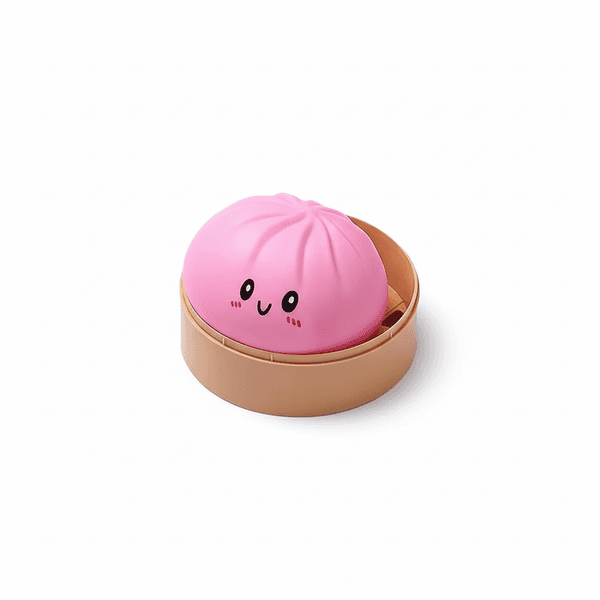 Dumpling Squishy Bun 8,5 cm Roze in bamboe stoompannetje