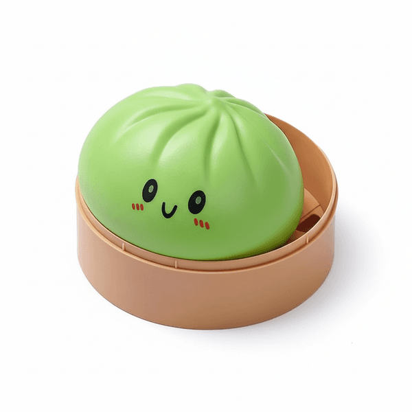 Dumpling Squishy Bun 8,5 cm Groen in bamboe stoompannetje
