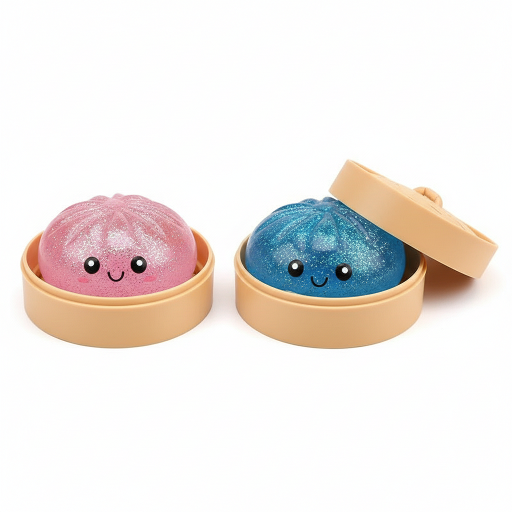 2 glitter dumplings in bamboebakjes roze en blauw