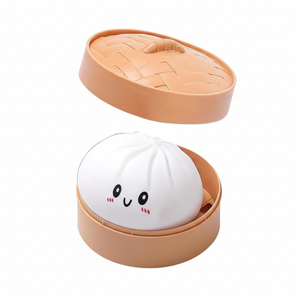 Dumpling Squishy Bun 8,5 cm Wit in bamboe stoompannetje