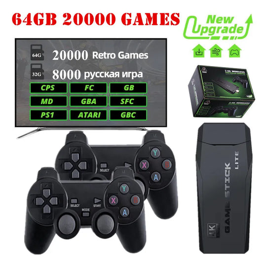 Videogameconsole met 2.4G Dubbele Draadloze Controllers - Gamestick met 4K en 20.000 Games - 64/32GB Retro Games voor PS1/GBA Boy - Het Perfecte Kerstcadeau