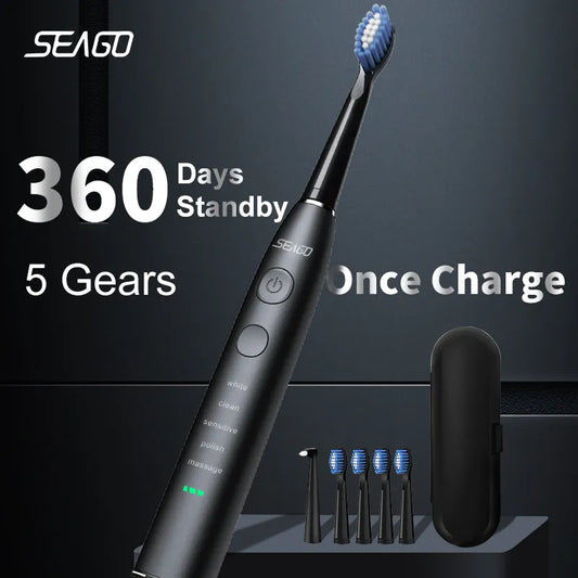Seago Elektrische Sonische Tandenborstel SG-575 met USB Opladen, Oplaadbaar voor Volwassenen, Waterdicht, Inclusief Vervangende Opzetborstels - Het Ideale Cadeau voor Een Stralende Glimlach
